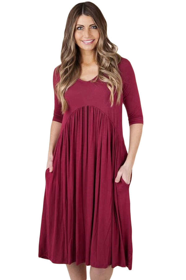 BY61653-103 Wine  Sleeve Draped Swing Dress